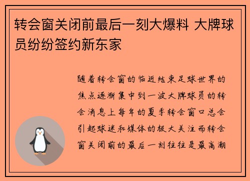 转会窗关闭前最后一刻大爆料 大牌球员纷纷签约新东家 转会窗关闭前最后一刻大爆料 大牌球员纷纷签约新东家