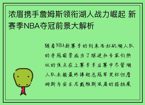 浓眉携手詹姆斯领衔湖人战力崛起 新赛季NBA夺冠前景大解析